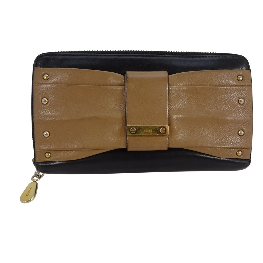 Chloe June‎ Bow Leather Long Zippy Wallet in Black and Beige Gold Tone Zip Pull